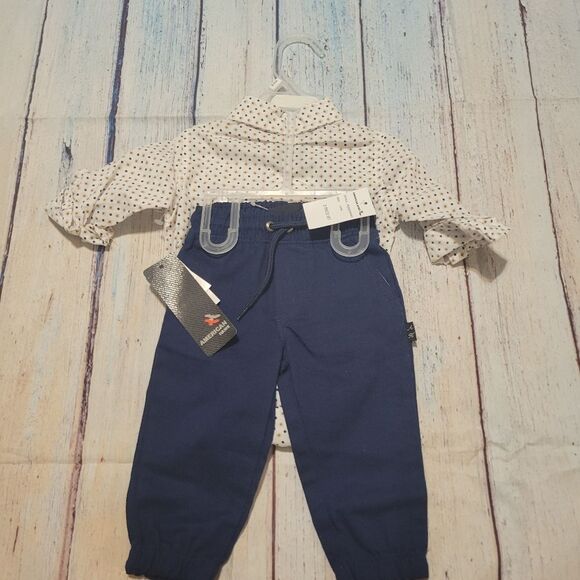 American Hawk 2 piece Polka Dot Baby Boy Bodysuit with Navy Pants 6 To 9 Mths - Picture 7 of 8